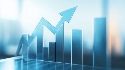 3D - rendered bar chart with an upward - trending arrow, in shades of blue, suggesting growth or positive performance, suitable for business, finance - related content.