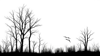 Obraz premium Naked trees silhouettes set hand drawn isolated illustrations in black and white, nature, autumn, bare trees
