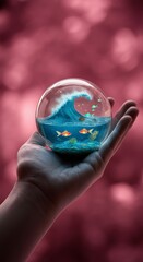 Hand holding miniature ocean sphere with fish and wave on pink background