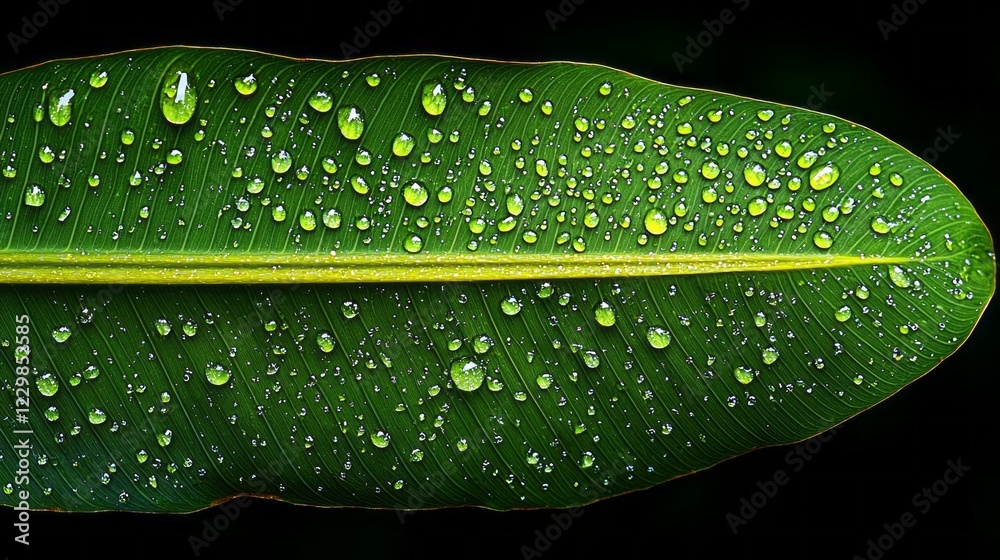 Poster glistening droplets rest on the surface of a rich green leaf, reflecting light in a serene compositi
