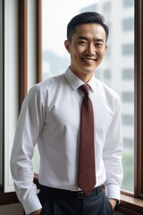 Fototapeta premium arafed asian man in a white shirt and red tie standing by a window