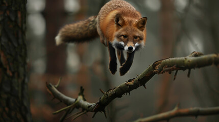 Naklejka premium Fox jumping over a dry tree while running in the forest.