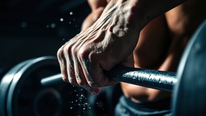 Muscular hands gripping a weight during an intense workout in a dimly lit gym setting