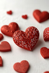 Fototapeta premium red color heart shapes with decorative heart with motifs at the middle in white background 