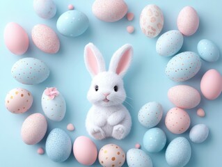 Cute Easter Bunny Surrounded by Colorful Decorative Eggs on Soft Blue Background