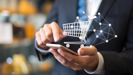 businessman using mobile phone for online shopping. A shopping cart icon hovers above the phone, symbolizing e-commerce and digital transactions.