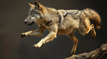 Obraz premium Wolf jump over a branch on gray background.