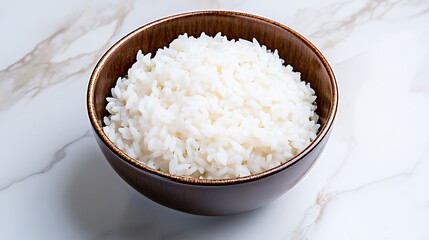 Fluffy White Rice in Rustic Wooden Bowl, Clean Food Photography