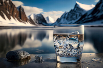 Transparent water with crushed ice cubes in a glass against the background of a landscape with a mountain lake. Generative AI