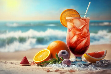 Fresh fruit cocktail with ice on beach with blue sea and sunset on background. Concept of summer vacations. Generative AI