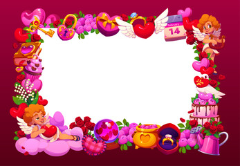Valentine day greeting card frame. Vector rectangular border featuring cherubs, hearts, roses, gift boxes, cupcake, calendar with February 14 date, ring box, and balloon. Dove, watering can and book