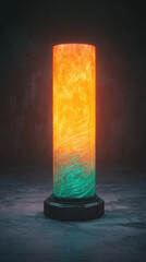 vibrant, glowing cylindrical lamp with swirling colors of orange and green, set against dark background, creates captivating