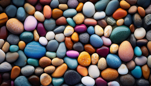 colorful smooth round sea pebbles and various stones close up texture pattern naturally rounded gravel at sea shore background for your design decorative beach stones or gravel pebble texture