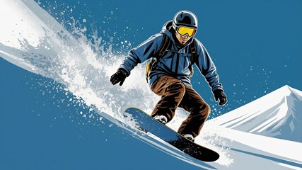 A snowboarder gracefully glides down a powdery mountain slope, snow spraying dynamically around them.