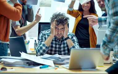 Office employee looking at stack of documents lying on table. Concept of overload and paperwork.