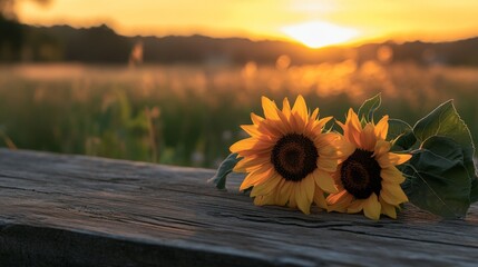 Two sunflowers are on a wooden table. The sunflowers are yellow and are facing the camera