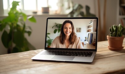 Online therapy session on a laptop, friendly therapist smiling, mental health support, concept of accessible online counseling