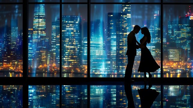 Serene Moment of Couple Dancing Slowly in City Lights by Window