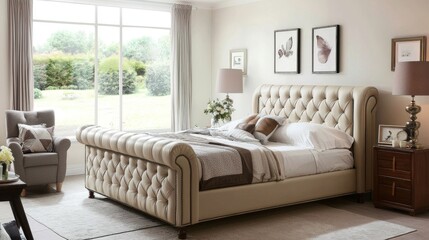 beautifully designed soft touch leather bed with a unique wave pattern, showcasing rich textures and a contemporary aesthetic in a modern bedroom