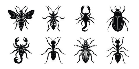 Set of insects silhouettes. Vector illustrations poisonous insects isolated on white background