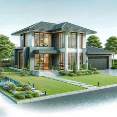 The image shows a modern two-story house with a green lawn, well-maintained landscaping, and a driveway leading to a garage. The house features large windows and a black roof.