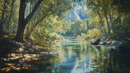 Obraz premium Serene river flowing through lush forest, sunlight dappling water, mountains in background, nature scene