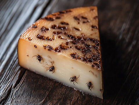 A slice of Casu Marzu with visible larvae on a dark wooden table