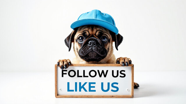 Adorable Pug Puppy in Blue Cap with "Follow Us" Sign on White Background for Social Media Marketing and Pet Care Blogs