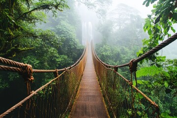 Obraz premium Captivating adventure on a swaying rope bridge in tropical rainforest lush green environment serene viewpoint nature exploration concept