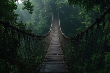 Fototapeta premium Exploring the rickety rope bridge swaying above lush jungle canopy captivating nature scene serene environment aerial viewpoint adventure concept