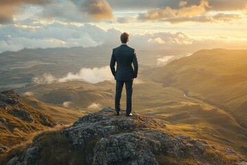 Obraz premium Businessman in Suit Standing on Mountain Peak Overlooking Scenic Valley at Sunrise with Dramatic Clouds and Golden Light