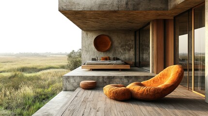 Minimalist balcony with a terracotta chair and a view of a sunny grassy plain