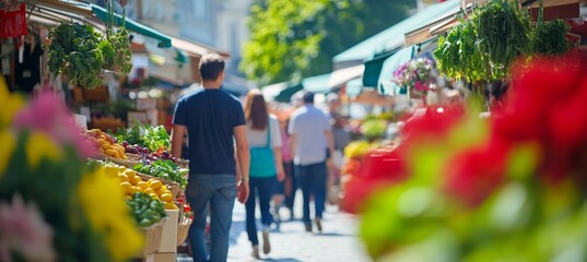 Obraz premium Outdoor Farmers Market Bustling Scene, Fresh Local Produce Colorful Blooms Community Vibrant