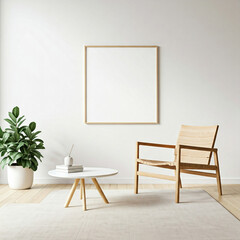 white room interior with a chair and blank picture frame mockup. Blank picture frame mockup on white wall. White living room design. View of modern style interior with chair.