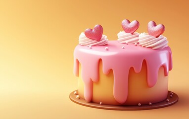 delicious pink cake with glossy icing and heart decorations, placed on a festive golden-to-orange gradient background. Valentines Day and 8 March theme