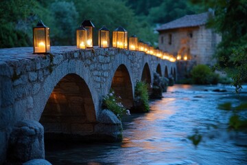Ancient stone bridge illuminated by lanterns at dusk serene riverbank nighttime photography tranquil environment scenic viewpoint romantic concept