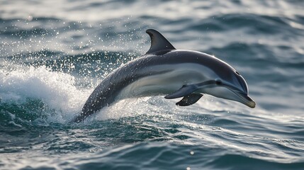 Fototapeta premium A dolphin leaps out of the water creating a splash of water droplets around it