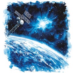 Watercolor Painting of Satellite Orbiting Earth in Space.