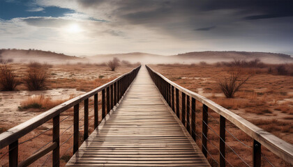 Obraz premium wooden bridge with railings leading through contrasting landscapes cold humidity and scorching dryness climate change global warming