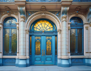Fototapeta premium gothic art deco architecture pale blue parisian building imposing entrance stained glass door