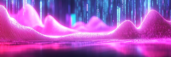 Abstract Digital Data Waveform, Technology Background With Flowing Glowing Neon Lines And Particles