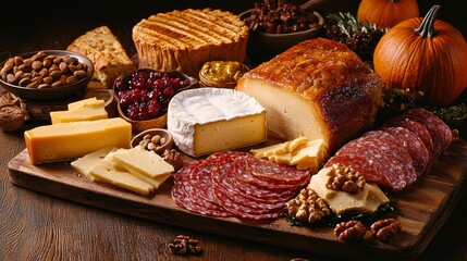 Rustic charcuterie board with artisanal cheeses, gourmet meats, surrounded by seasonal fruits, nuts, and Thanksgiving dishes like roast turkey and pumpkin pie