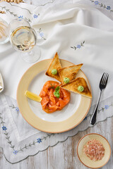 Gourmet Lightly Salted Salmon with Toasts on Elegant Table Setting