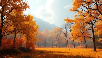 Naklejka premium Autumnal Forest Scene With Golden Trees And Misty Mountains