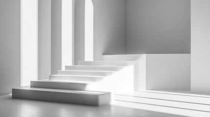 Minimalist white architecture with stairs and sunlight.