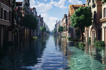 Fototapeta premium Flooded urban landscape depicts streets submerged in water with historic buildings in view near the city center during daylight