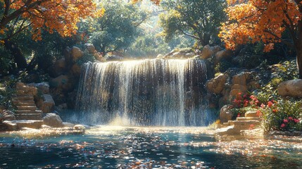 Serene waterfall surrounded by colorful foliage and vibrant flowers in a tranquil natural setting