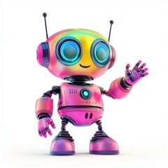 Naklejka premium friendly robot with antennae, colorful details, and a waving gesture, placed on a bright white background