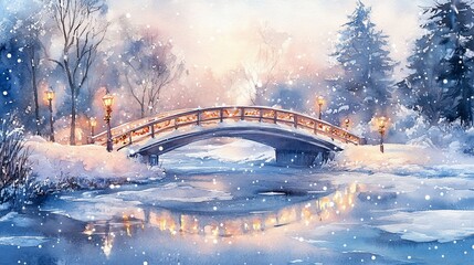 A serene winter scene depicting a snow covered bridge illuminated with festive lights