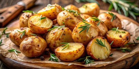 Golden roasted potatoes in skin with crispy edges and fluffy interior, surrounded by fresh herbs like rosemary and thyme, crispy edges, comfort food